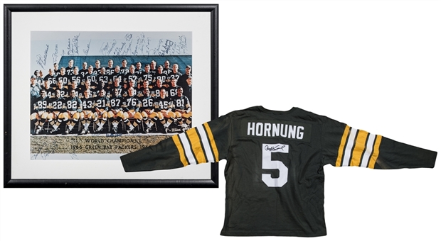 Lot of (2) 1966 NFL & Super Bowl Champion Green Bay Packers Team Signed Photograph With 31 Signatures In 23 x 27 Framed Display & A Signed Paul Hornung Packers Throwback Replica Jersey (Beckett)